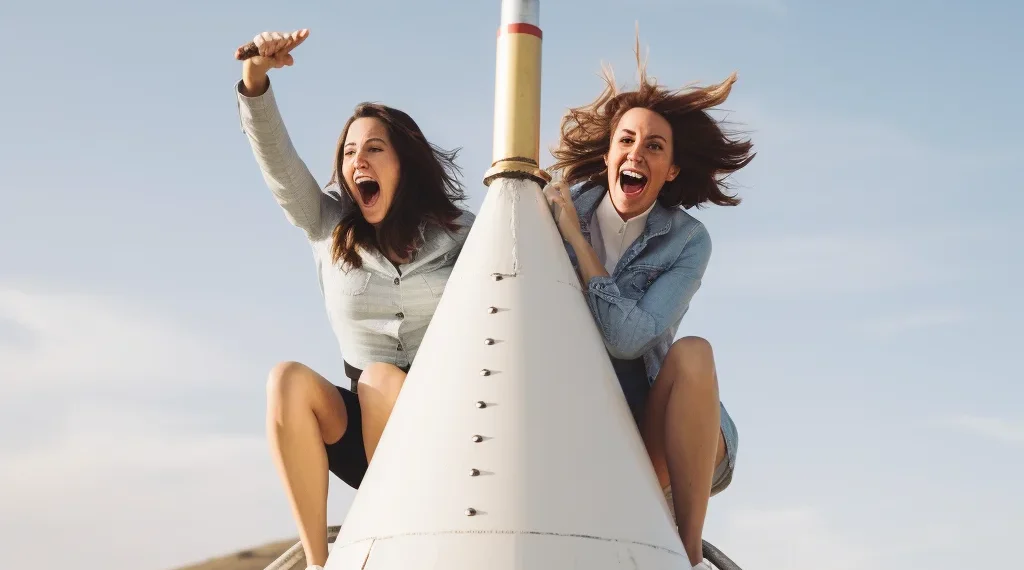 two happy women in a rocket