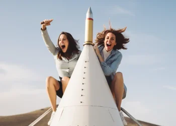 two happy women in a rocket
